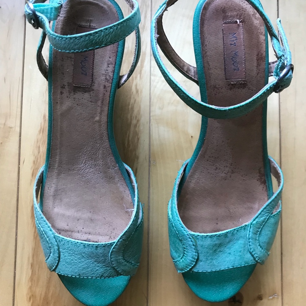 Miz Mooz green leather and cork wedge sandals